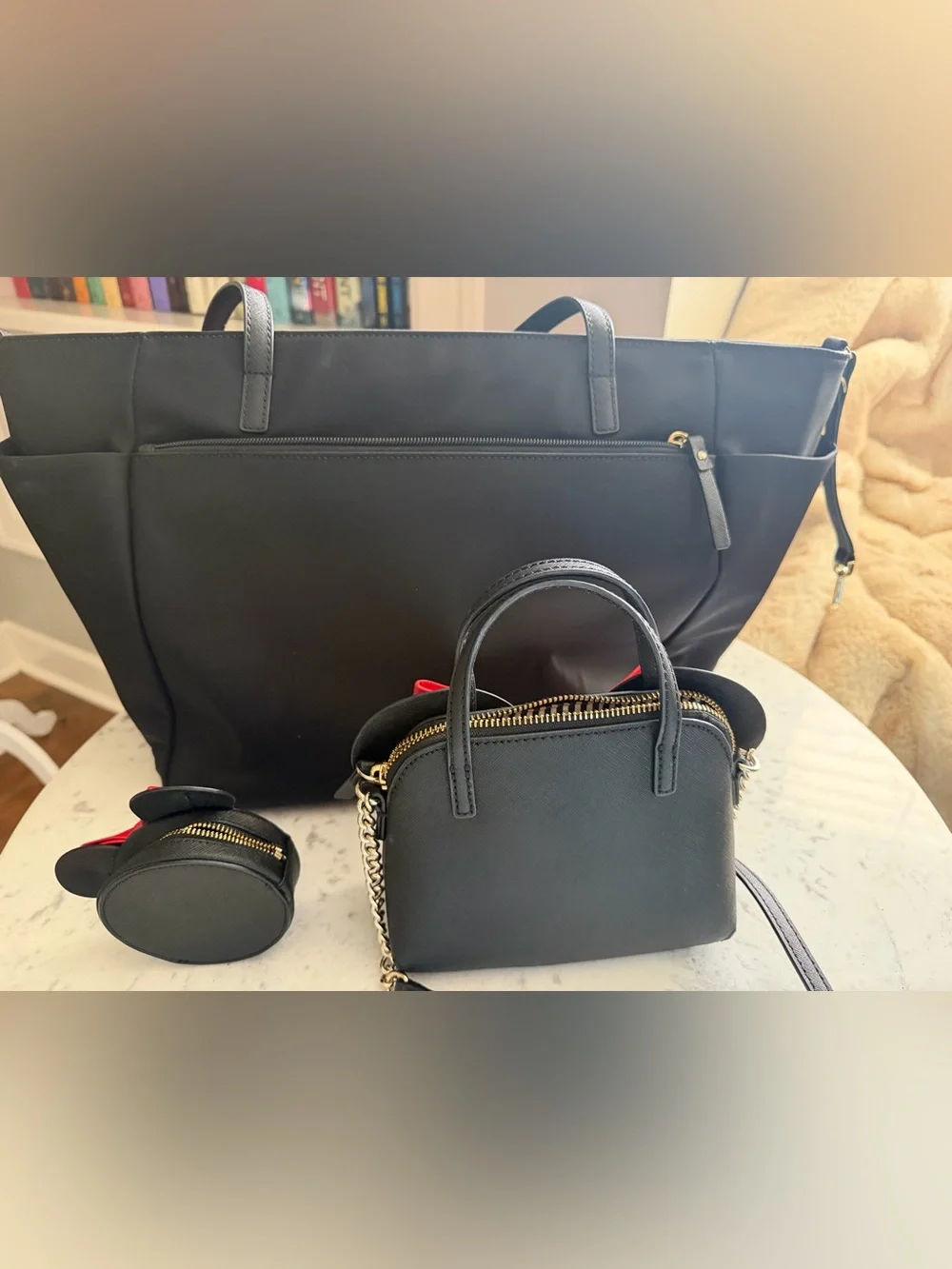 kate spade Minnie Mouse Black Handbag Set with Red Polka Dot Bows